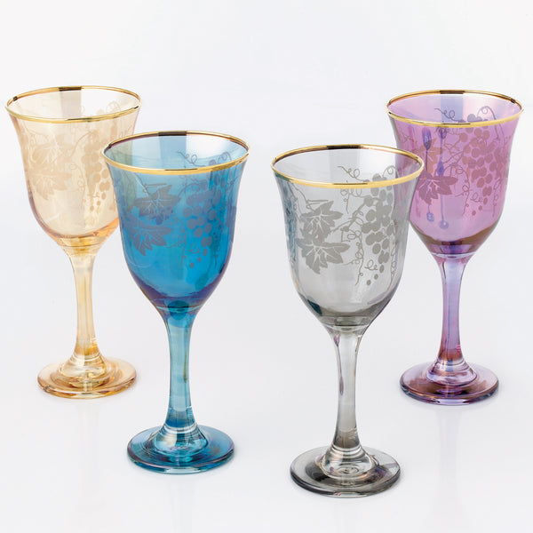 WORLD GIFTS Elegant and Modern Glass Made Glassware Set for Hosting Parties and Events - 9 oz, Wine Goblets Grape, Set of 4, Multicolor - Wine Goblets Grape