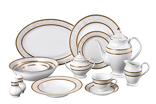 Stylish and Elegant 57 Pieces Porcelain Dinnerware Set Service for 8 People - Home Trends Gold Border