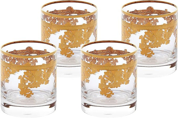 Elegant and Modern Embellished 24K Gold Crystal Glassware for Hosting Parties and Events - 10 oz, Double Old Fashion, Set of 4