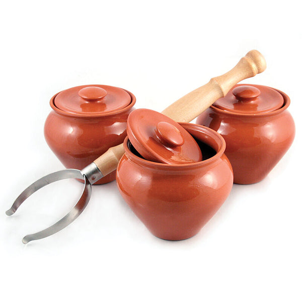 HOMEHUT Natural clay stoneware baking pots with oven fork , Handcrafted clay cooking pot with lid, set of 3