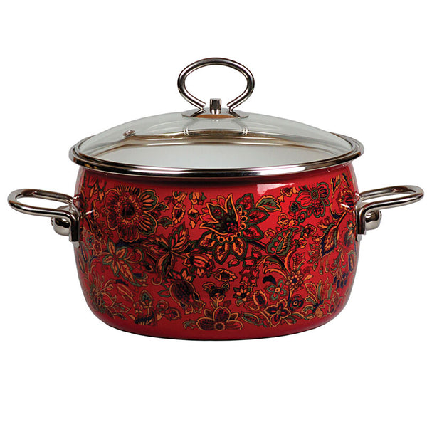 HOMEHUT Khokhloma Vitross Imperio Cooking Pot Set Traditional Enameled Steel Stock Pot with Glass Lid