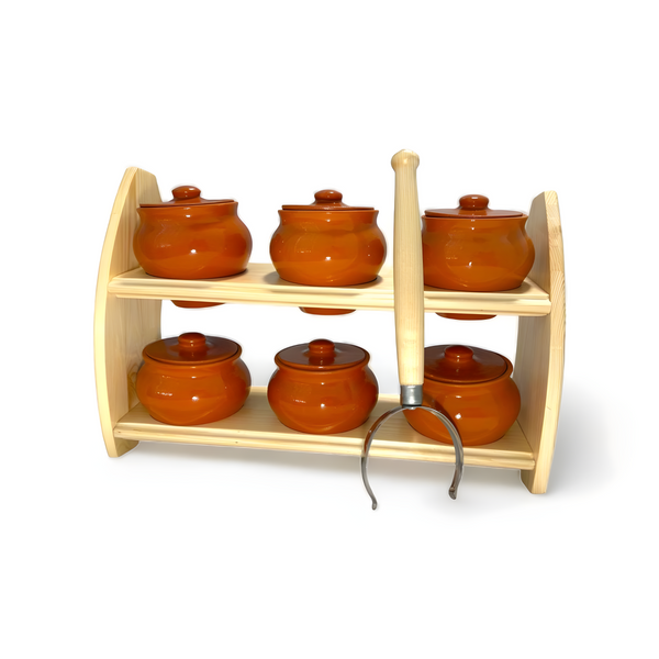 HOMEHUT Handcrafted Stoneware Pot Set with Oven Fork , Natural Cooking Clay Pots  Set Of -6 Pots