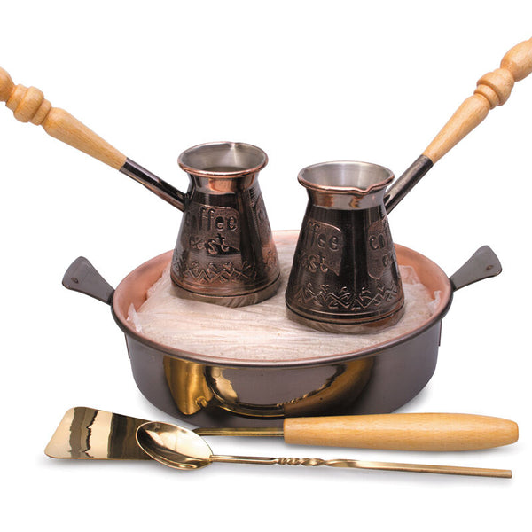 HOMEHUT Tête-a-Tête Turkish Coffee Set Handmade Copper Cezves, Caffeine Set with Wooden Trowel,