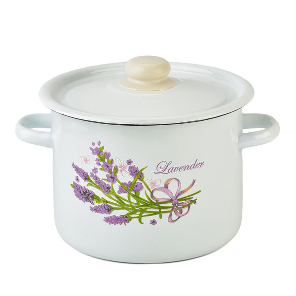 Lavender Bouquet Cylindrical Enamel Pot 4.5L – Healthy Hypoallergenic Nonstick Pot – Electric & Induction Safe Cookware