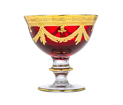 Interglass - Italy Ruby Crystal Brandy Snifters Vintage Design 24K Gold Hand Decorated 10 oz - Red / Compote