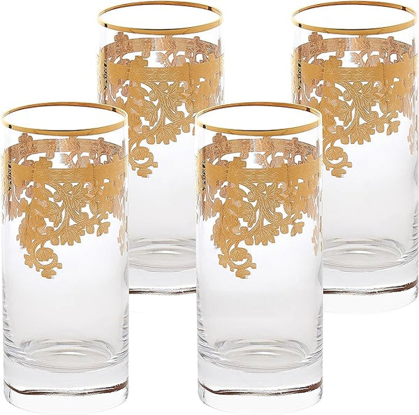 Elegant and Modern Embellished 24K Gold Crystal Glassware for Hosting Parties and Events - 11 oz, High Ball Tumbler, Set of 4