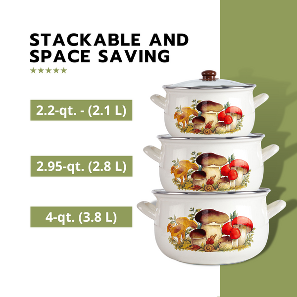 Stackable Golden Rooster Enamel Set of 3 pots with Complimentary Kitchen Towel and Ladle