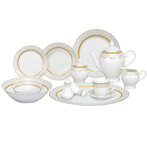 Stylish and Elegant 57 Pieces Porcelain Dinnerware Set Service for 8 People for Hosting Parties and Events - Cris Cross Gold Design Border