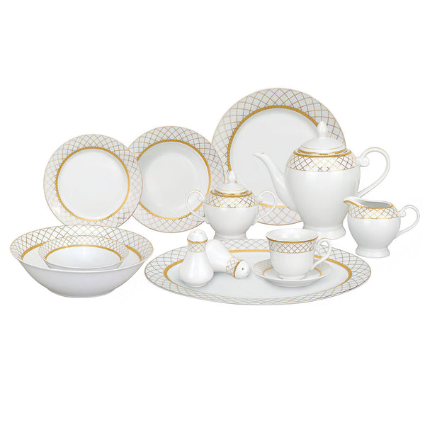 57 Pcs Porcelain Dinnerware Set Service for 8 - Cris Cross Gold Design Border