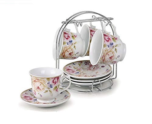 Set of 4 Durable and Colorful Porcelain Tea Cup and Saucer Set with Metal Stand - 8 oz - Pink and White Flower