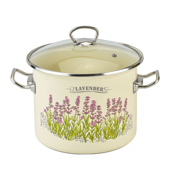 Lavender Fields Enamel Pot with Glass Lid 5.5L – Healthy Hypoallergenic Nonstick Pot – Electric & Induction Safe Cookware