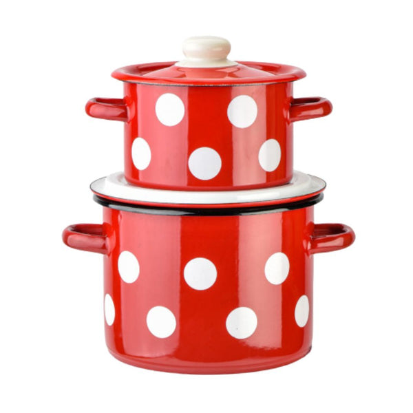 Red White Polka Dot Enamel Pot Set of 2 – Vintage Floral Cylindrical Cookwares – Non-Toxic, PTFE & PFOA Free - 2 (2L + 4.5L)