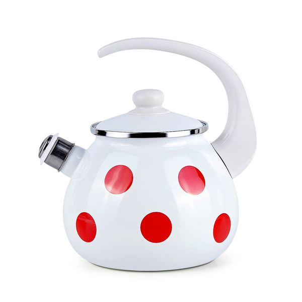 Red Polka Dot Enamel Kettle with Whistle – 2.5L Durable Steel Tea Pot with Safe Non-Toxic Enamel Coating