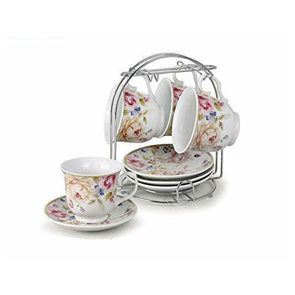 Porcelain Cup-Saucer Set with Metal Stand, Pink and White Flower, 8 oz. Set of 4