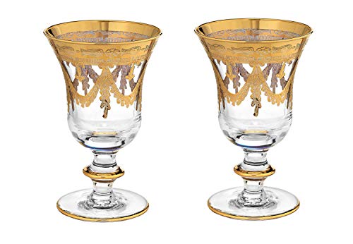 Interglass Italian Set of 2 Crystal Wine Glasses with Vintage Design 24kt Gold Style Model Luxury Goblets
