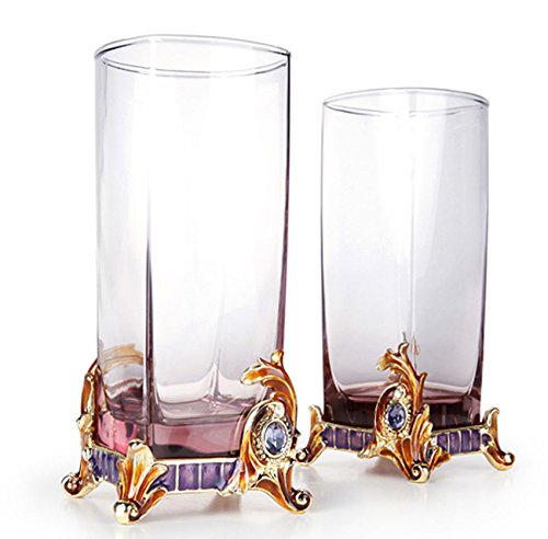 Set of 2 Tall Drinking Glasses and Square Tumblers with Gold Plated Ornament with Swarovski Crystals Jewels - 8.5 oz