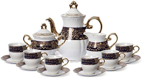 Euro Porcelain Premium 17-pc Dark Cobalt Blue Tea Cup Coffee Set, 24K Gold-Plated Vintage Flower Pattern, Complete Service for 6, Original Czech Tableware