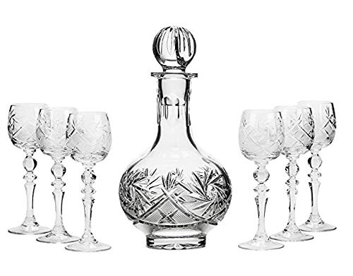 16 Oz Crystal Decanter and 2 Oz Shot Glasses, Carafe with Stopper and 6 Stemmed Vodka Glasses, 7Pcs