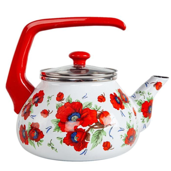 Poppies Enamel Kettle 2.3-Qt - Compatible with All Stovetops & Heat-Retaining Enamel Tea Kettle with Heat-Resistant Handle