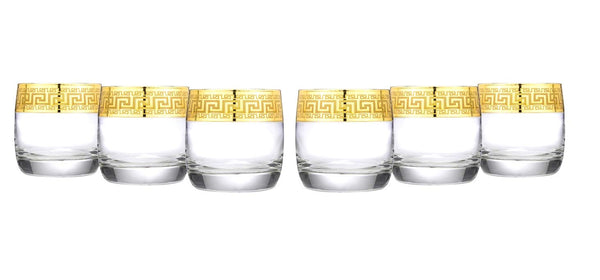 WORLD GIFTS Gold Rimmed Whisky Rocks Glass 6-piece DOF Set Greek Key Pattern Contemporary Drinkware