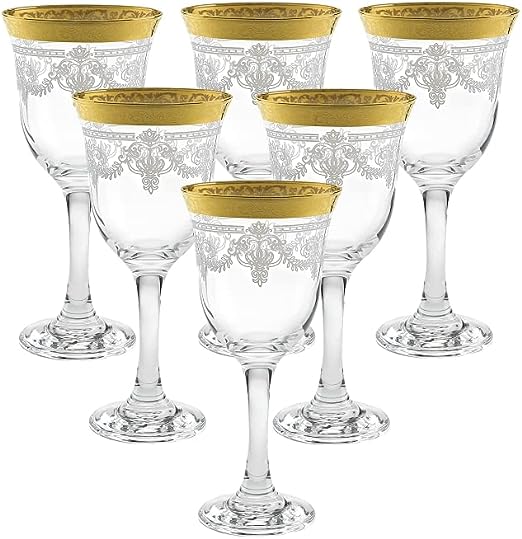 WORLD GIFTS Elegant and Modern Glass Made Drinkware Set for Hosting Parties and Events - 9 oz. Red Wine, Set of 6, Stencil Gold Band