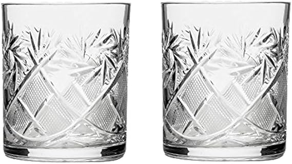 Neman Set of 2 Russian Cut Crystal Scotch Whiskey Whisky Rocks Glasses 11-oz, Old Fashioned Vintage DOF Glassware