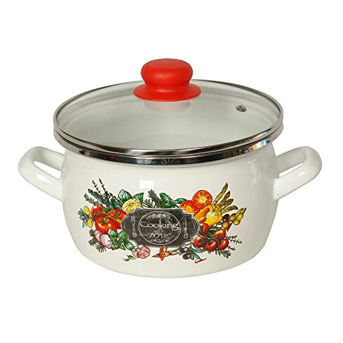 Stylish Enamel Stock Pot Cooking Pot and Glass Lid for Partyware - Oregano, 1.6 Qt