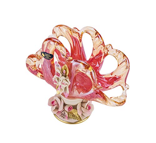 Murano Glass Napkin Holder Vase Decorative Centerpiece - Vintage Design Crystal Wedding Gift with Capodimonte Porcelain Flowers - Pink