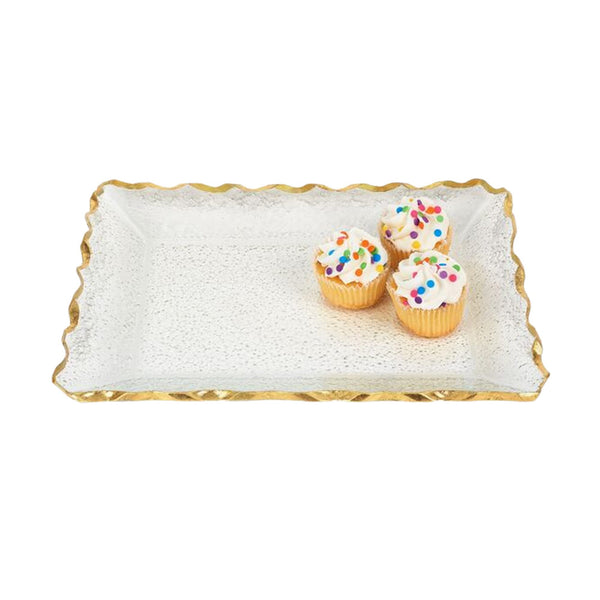 Elegant and Modern Hand Decorated Glass Platter or Tray - Gold Edge Rectangle Platter, 14x10 Inches