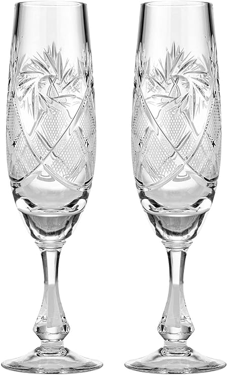 Neman Glassworks Hand Made Vintage Crystal Champagne Flute Glasses, Wedding Toasting Flutes, Set of 2