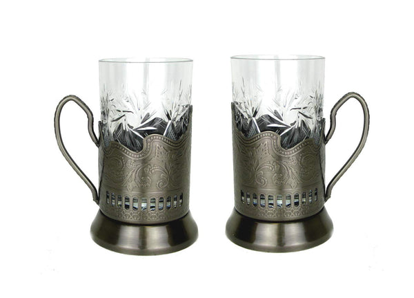 Russian CUT Crystal Drinking Tea Glasses - W/metal Glass Holders for Hot or Cold Liquids by Belarus