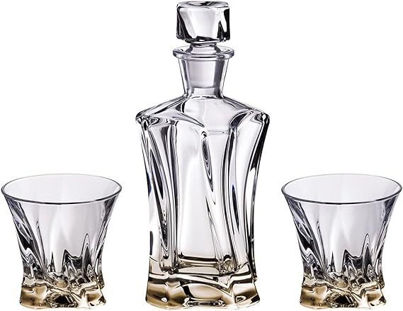 Cooper Amber Collection Modern Crystal Hand-Crafted Decorative Whiskey Set 1+2, Amber