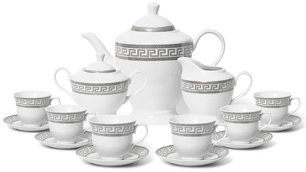 17-Pc. Vintage 'Silver Greek Key' Tea Cup Coffee Set for Home Decor, Complete Service for 6