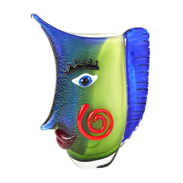 Murano Style Vase with Art Blue and Green Side Face Design - Mouth-Blown Artistic for Home Decor