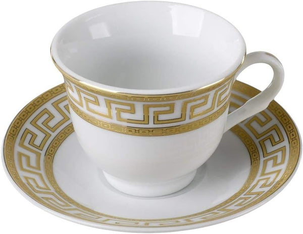 Euro Porcelain 12-Pc. 'Golden Greek Key' Tea Cup Coffee Set, Premium Bone China, 24K Gold-Plated, Complete Service for 6