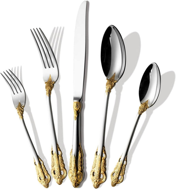 24 Karat Gold-plated Flatware Set Service for People, 18/10 Stainless Steel Silverware Cutlery Set