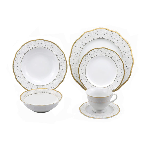 Stylish and Elegant 24 Pieces Porcelain Dinnerware Set Service for 4 People - Wavy, Gold Dot