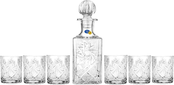 Russian Crystal Square Glass Decanter w/ Stoppe and DOF Glasses