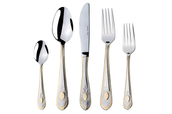 Venezia Collection 'Medallion' 40-Pcs. Fine Flatware Set, Silverware Cutlery Dining Service for 8, Premium 18/10 Surgical Stainless Steel, 24K Gold-Plated Trim