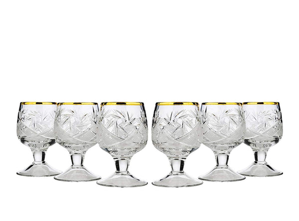 Set of 6 Neman Glassworks, 1.7-Oz Gold Rim Vintage Russian Crystal Shot Glasses