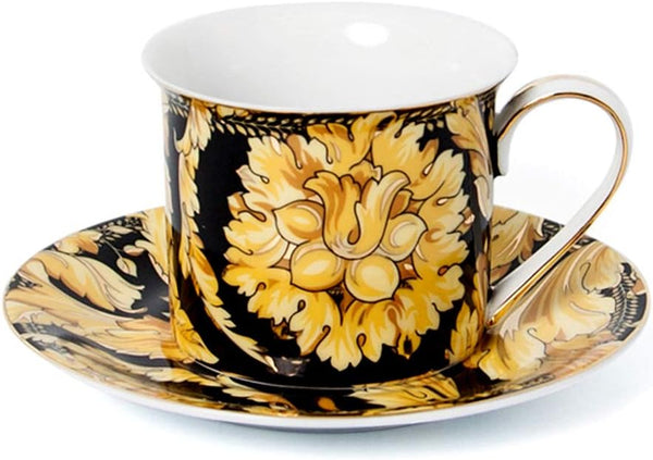 12-Piece Tea and Coffee Cup and Saucer Set - 24K Gold Plated accents, Premium Bone China Service for 6, 7 oz