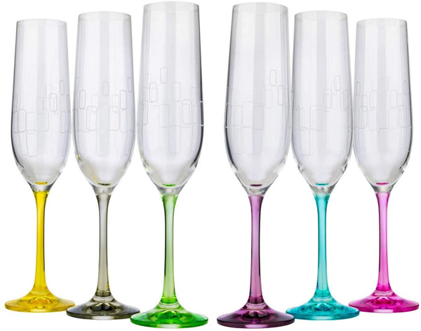 Bohemia Crystal Champagne Flutes Glasses Multi Colored Engraved Rainbow Set of 6 - Each Base Different Color, No Lead Drinkware