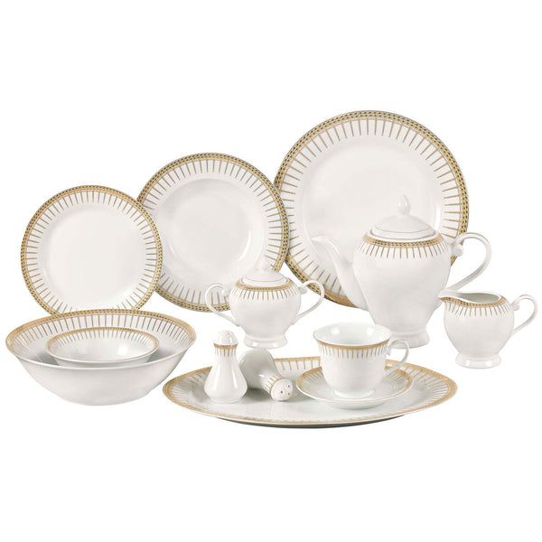 Stylish and Elegant 57 Pieces Porcelain Dinnerware Set Service for 8 People for Hosting Parties and Events - Gold Rain Drop Border Design