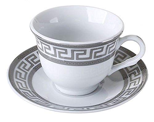 Euro Porcelain 12-Pc Silver Greek Key Tea Cup Coffee Set - 8 oz, Bone China, Service for 6