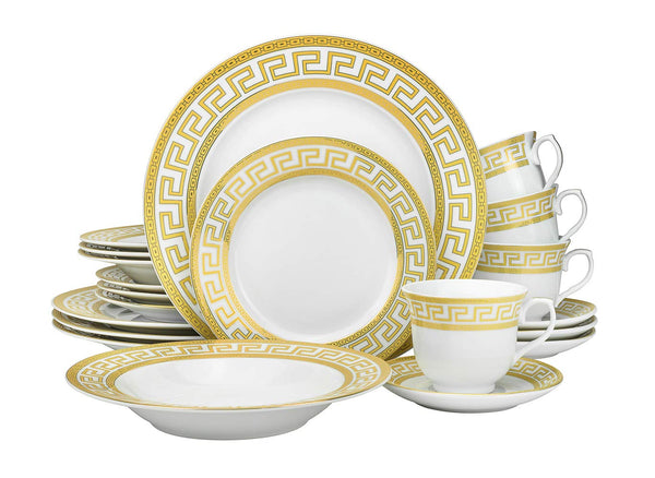 Euro Porcelain Vintage Gold 60 piece Dinnerware Dish Serving Set 'Greek Key Gold' - HQ Fine China Tableware Service for 12