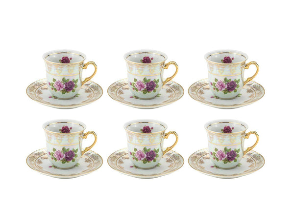 Euro Porcelain 12-Pc."Roses" Miniature Espresso Cup and Coffee Set with 24K Gold-Plated, Service for 6