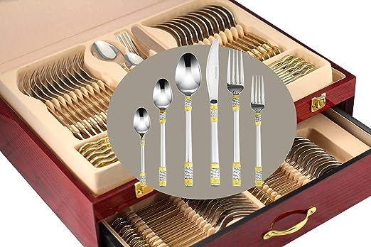 Venezia Collection Gold Flatware Serving Set for 12, 75-Pc Luxury Dining Silverware Cutlery Service, 24 Kt 18/10 Premium Surgical Stainless Steel Hostess Set in a Wooden Storage Case Chest