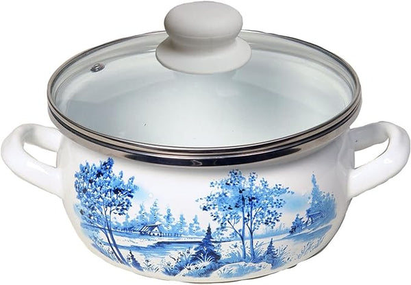 Enamel Stock Pot Cooking Pot & Glass Lid for Partyware - Gzhel