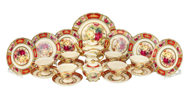 Euro Porcelain 24-pc. Vintage Tea Coffee Cup Dining Dessert Set, 24 kt Gold Plated Roses Decorated Antique Pictorial, Hand Painted Service for 6 Luxury Bone China Tableware (Red)