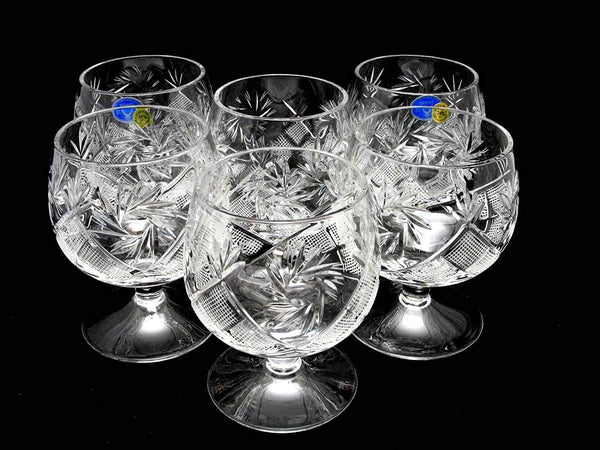 Russian European Cut Crystal Brandy Cognac Snifters, Vintage Old-Fashioned Glassware, Set of 6